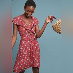 Maeve x Anthropologie Rosalia Faux Wrap Floral Sundress in Poppy Red